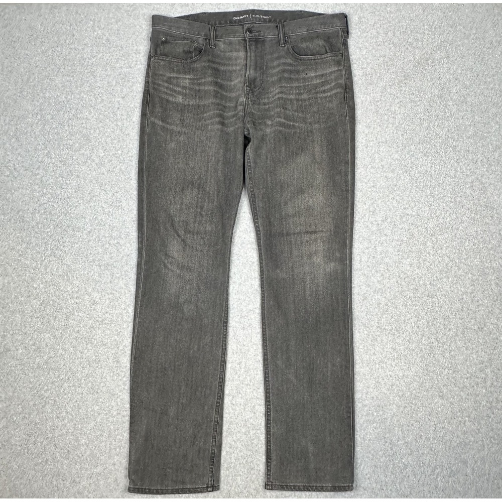 Old Navy Jeans Mens 36x33 Slim Straight Black Wash Denim Stretch Whiskers Moto